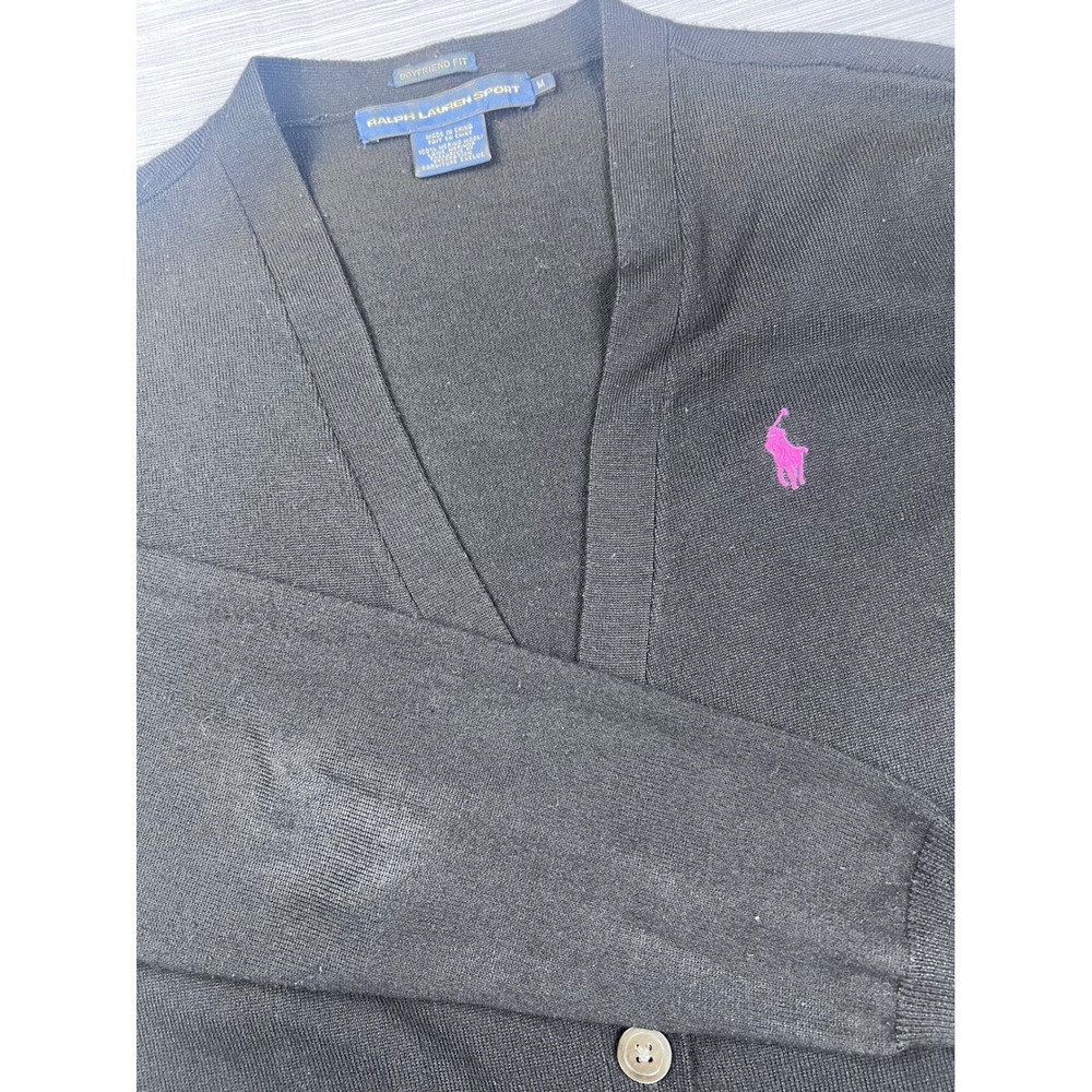 Ralph Lauren Sport‎ Black Merino Wool Boyfriend Cardigan Pink Pony Logo Womens M